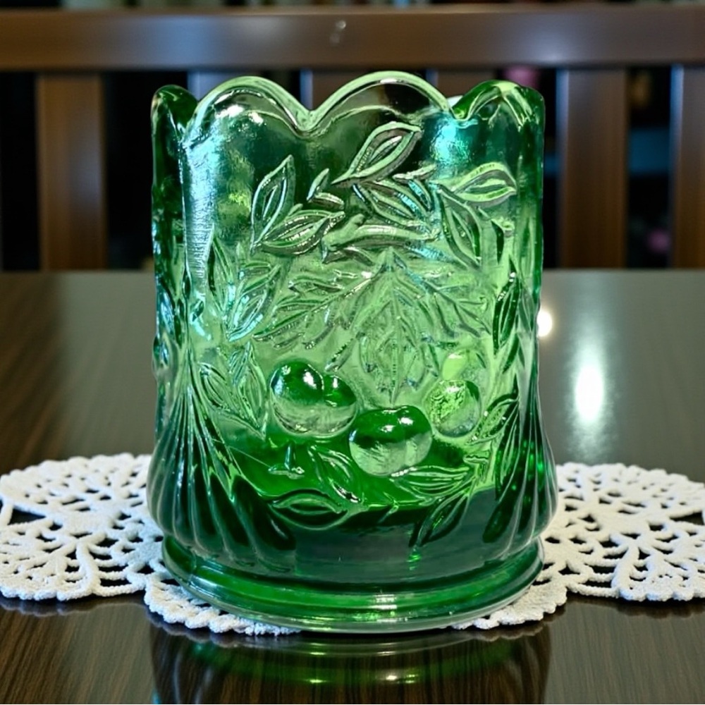 Vintage L. G. Wright Glass Green Cherry Pattern Toothpick Holder 2 1/2”